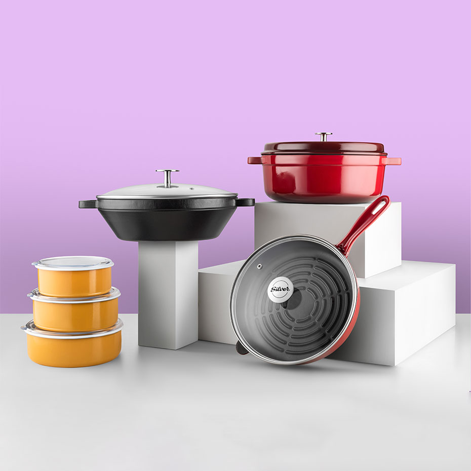 Silver 12 Parça Avantaj Set Tencere Tava Demir Döküm-Emaye Seti Bordo