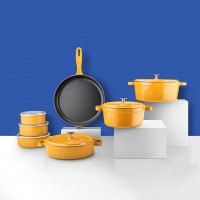 Silver 14 Parça Evdeki Şef Set Tencere Tava Demir Döküm-Emaye Seti Hardal Sarı 