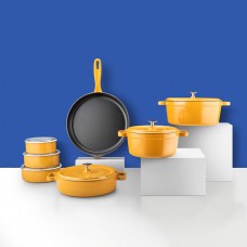 Silver 14 Parça Evdeki Şef Set Tencere Tava Demir Döküm-Emaye Seti Hardal Sarı 