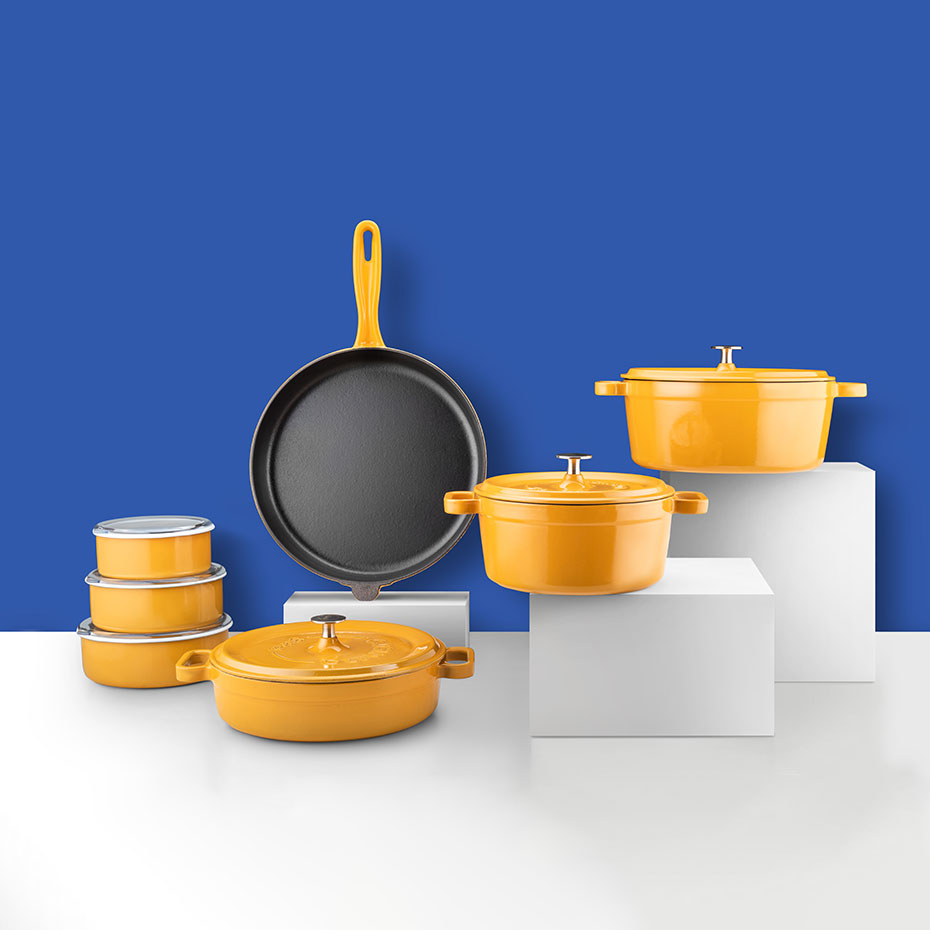 Silver 14 Parça Evdeki Şef Set Tencere Tava Demir Döküm-Emaye Seti Hardal Sarı