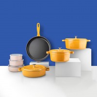 Silver 14 Parça Evdeki Şef Set Tencere Tava Demir Döküm-Emaye Seti Hardal Sarı 