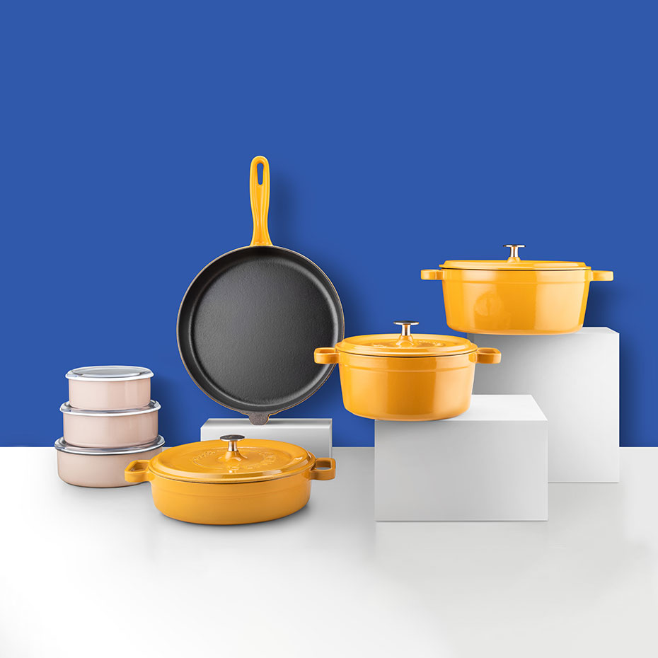 Silver 14 Parça Evdeki Şef Set Tencere Tava Demir Döküm-Emaye Seti Hardal Sarı
