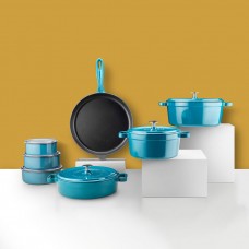 Silver 14 Parça Evdeki Şef Set Tencere Tava Demir Döküm-Emaye Seti Petrol Mavi