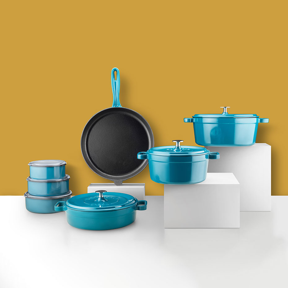 Silver 14 Parça Evdeki Şef Set Tencere Tava Demir Döküm-Emaye Seti Petrol Mavi