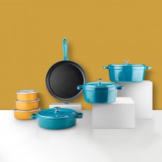 Silver 14 Parça Evdeki Şef Set Tencere Tava Demir Döküm-Emaye Seti Petrol Mavi