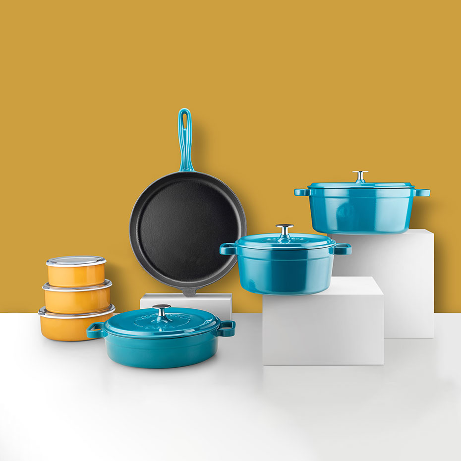 Silver 14 Parça Evdeki Şef Set Tencere Tava Demir Döküm-Emaye Seti Petrol Mavi